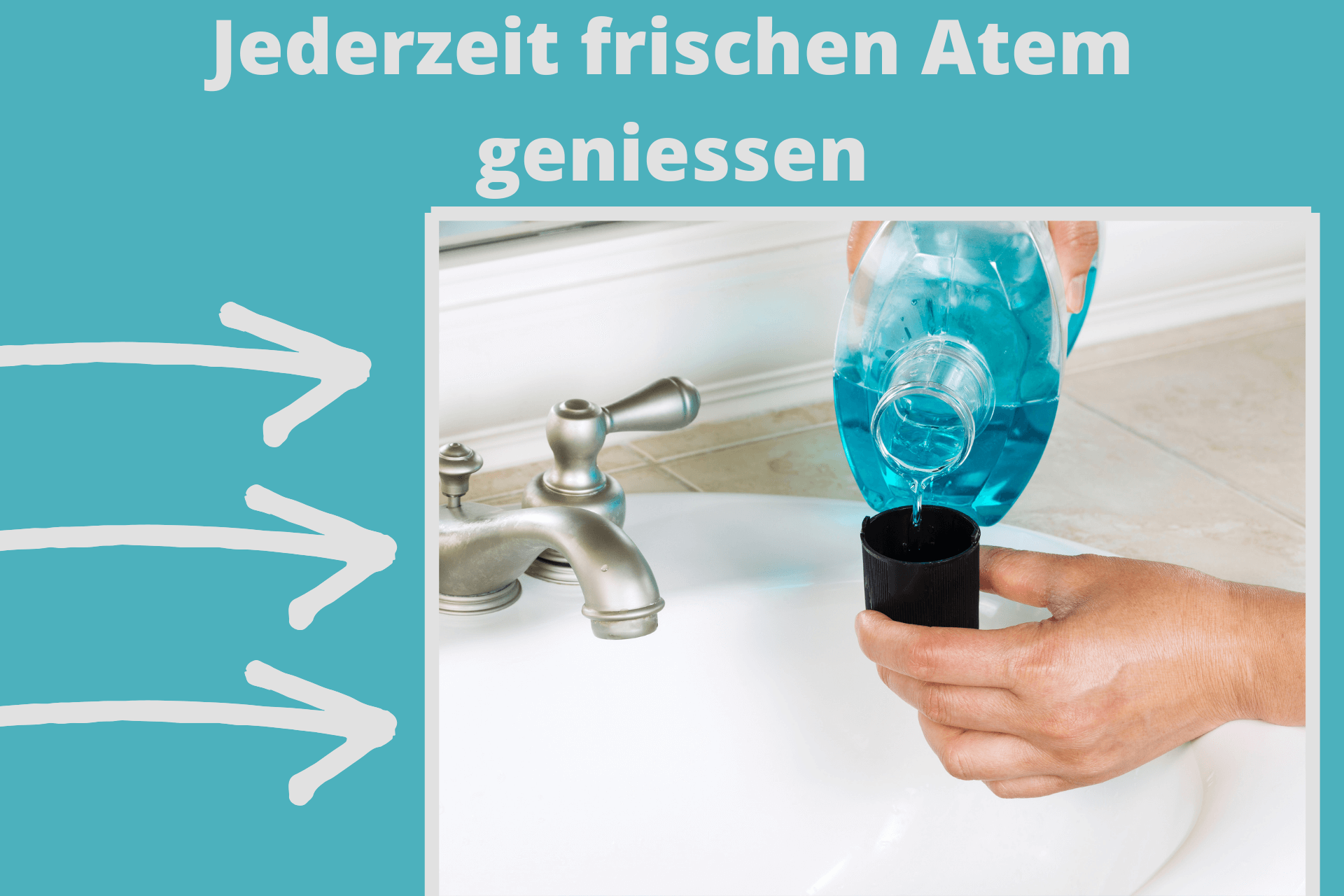Mann benutzt Mundwasser gegen Mundgeruch